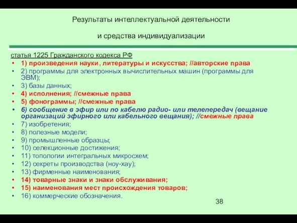 Результаты интеллектуальной деятельности и средства индивидуализации статья 1225 Гражданского кодекса РФ 1)