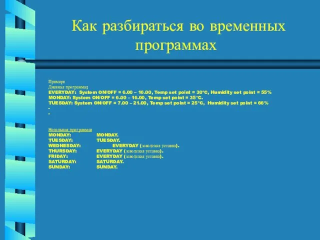 Как разбираться во временных программах Пример: Дневная программа; EVERYDAY: System ON/OFF =