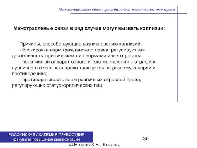 . © Егоров К.В., Казань, 2009 г. Межотраслевые связи гражданского и таможенного