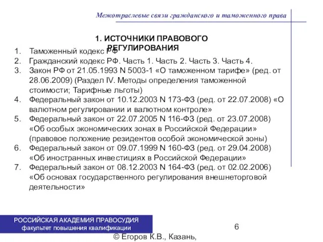 . © Егоров К.В., Казань, 2009 г. Межотраслевые связи гражданского и таможенного