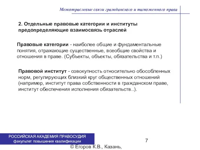 . © Егоров К.В., Казань, 2009 г. Межотраслевые связи гражданского и таможенного