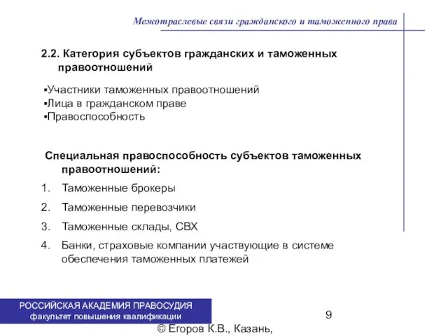 . © Егоров К.В., Казань, 2009 г. Межотраслевые связи гражданского и таможенного