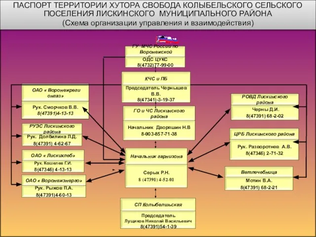 ПАСПОРТ ТЕРРИТОРИИ ХУТОРА СВОБОДА КОЛЫБЕЛЬСКОГО СЕЛЬСКОГО ПОСЕЛЕНИЯ ЛИСКИНСКОГО МУНИЦИПАЛЬНОГО РАЙОНА (Схема организации управления и взаимодействия)