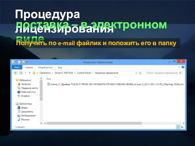 Процедура лицензирования поставка – в электронном виде Получить по e-mail файлик и положить его в папку