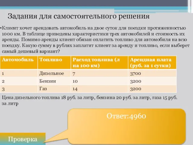 Проверка Ответ:4960 Задания для самостоятельного решения Клиент хочет арендовать автомобиль на двое