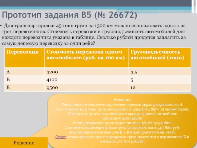 Прототип задания B5 (№ 26672) Для транспортировки 45 тонн груза на 1300