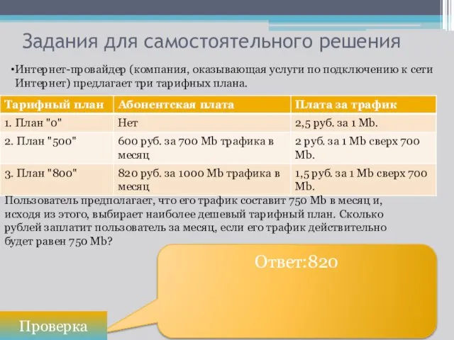 Ответ:820 Задания для самостоятельного решения Проверка Интернет-провайдер (компания, оказывающая услуги по подключению