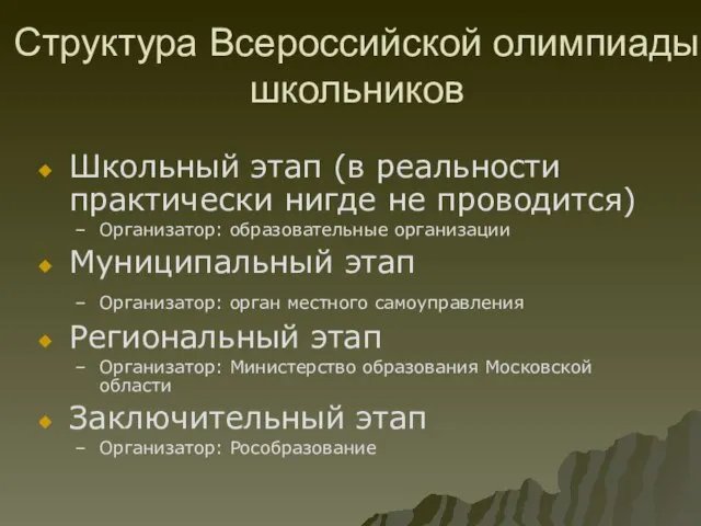 Структура Всероссийской олимпиады школьников Школьный этап (в реальности практически нигде не проводится)