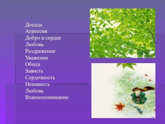 Досада Агрессия Добро в сердце Любовь Раздражение Уважение Обида Зависть Сердечность Ненависть Любовь Взаимопонимание