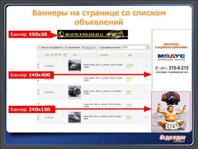 Баннеры на странице со списком объявлений Баннер 450х50 Баннер 240х400 Баннер 240х150