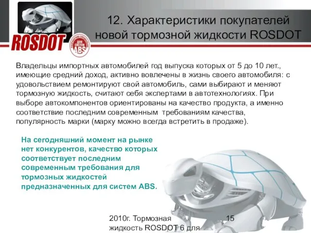 2010г. Тормозная жидкость ROSDOT 6 для систем ABS 12. Характеристики покупателей новой