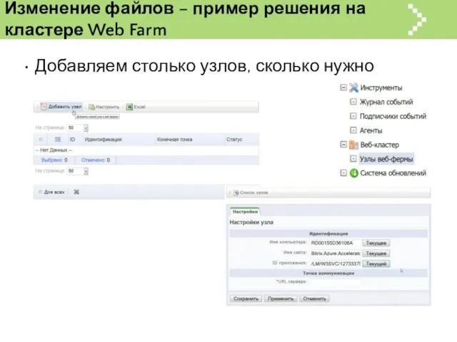 Изменение файлов – пример решения на кластере Web Farm Добавляем столько узлов, сколько нужно