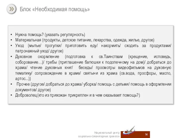 Национальный центр социально-гуманитарных проектов Нужна помощь? (указать регулярность) Материальная (продукты, детское питание,