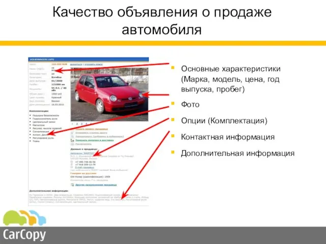 Качество объявления о продаже автомобиля Основные характеристики (Марка, модель, цена, год выпуска,