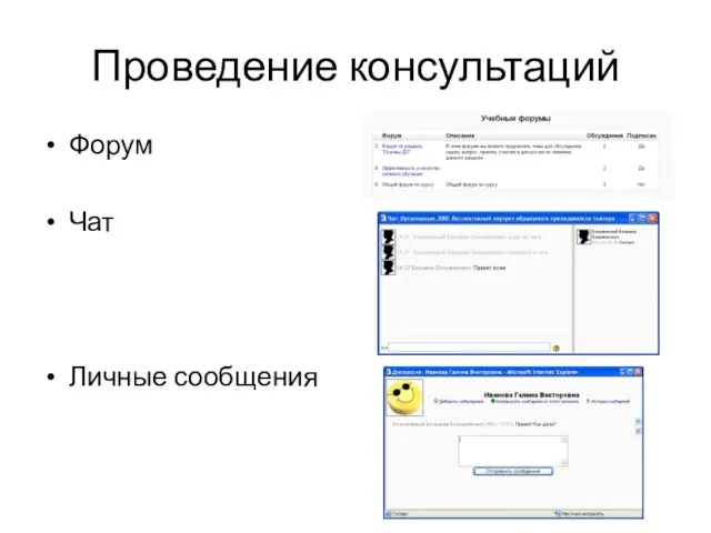 Проведение консультаций Форум Чат Личные сообщения