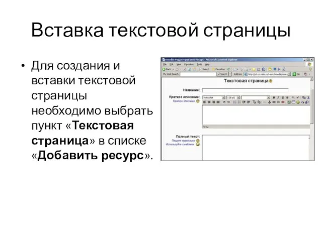 Вставка текстовой страницы Для создания и вставки текстовой страницы необходимо выбрать пункт