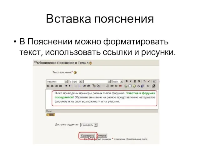 Вставка пояснения В Пояснении можно форматировать текст, использовать ссылки и рисунки.