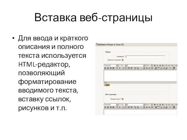 Вставка веб-страницы Для ввода и краткого описания и полного текста используется HTML-редактор,