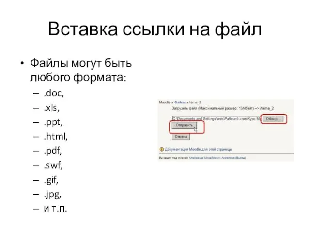 Вставка ссылки на файл Файлы могут быть любого формата: .doc, .xls, .ppt,