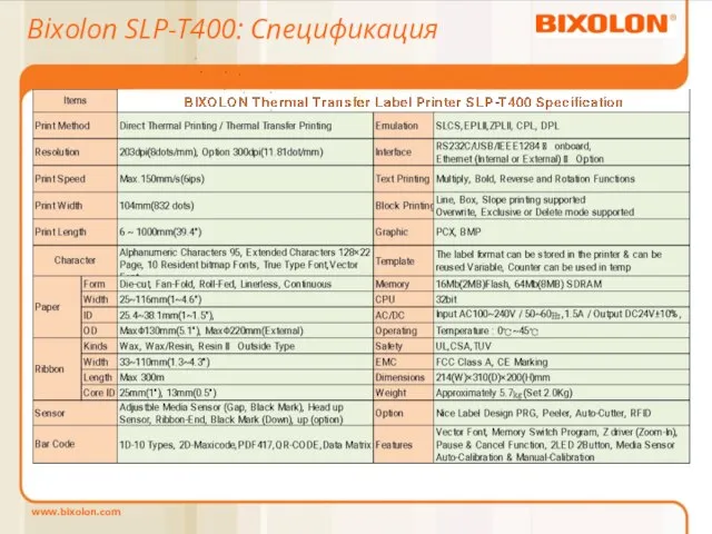 Bixolon SLP-T400: Спецификация