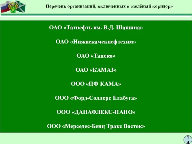 14 Перечень организаций, включенных в «зелёный коридор» ОАО «Татнефть им. В.Д. Шашина»
