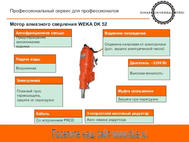 Тра-та-та Посетите наш сайт www.dus.ru Профессиональный сервис для профессионалов Мотор алмазного сверления WEKA DK 52