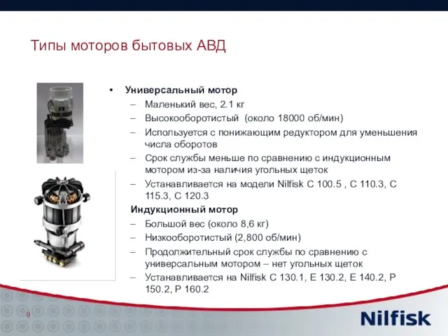 Типы моторов бытовых АВД Универсальный мотор Маленький вес, 2.1 кг Высокооборотистый (около