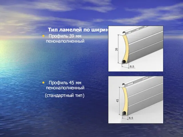 Тип ламелей по ширине и видам Профиль 39 мм пенонаполненный Профиль 45 мм пенонаполненный (стандартный тип)