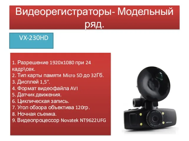 Видеорегистраторы- Модельный ряд. VX-230HD 1. Разрешение 1920х1080 при 24 кадр\сек. 2. Тип