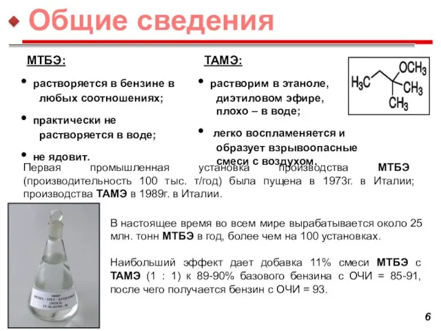 МТБЭ: растворяется в бензине в любых соотношениях; практически не растворяется в воде;