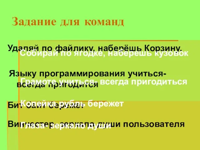 Задание для команд Удаляй по файлику, наберёшь Корзину. Языку программирования учиться- всегда