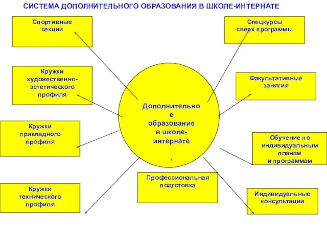 Спортивные секции Спецкурсы сверх программы Кружки художественно-эстетического профиля Кружки прикладного профиля Кружки