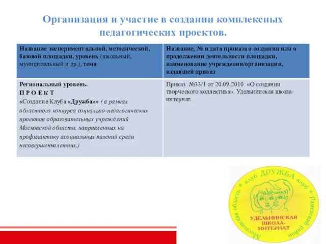 Организация и участие в создании комплексных педагогических проектов.