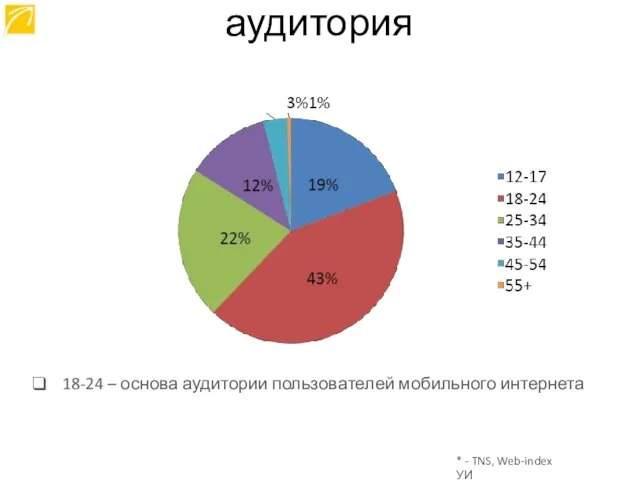 18-24 – основа аудитории пользователей мобильного интернета * - TNS, Web-index УИ аудитория