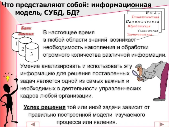 Что представляют собой: информационная модель, СУБД, БД? Успех решения той или иной