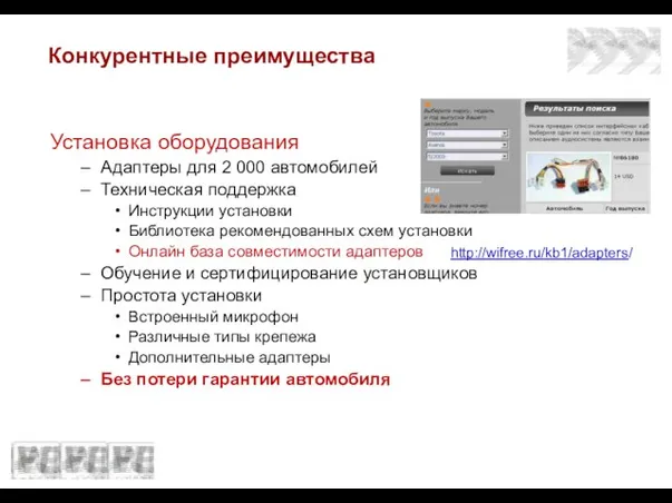 Конкурентные преимущества Установка оборудования Адаптеры для 2 000 автомобилей Техническая поддержка Инструкции