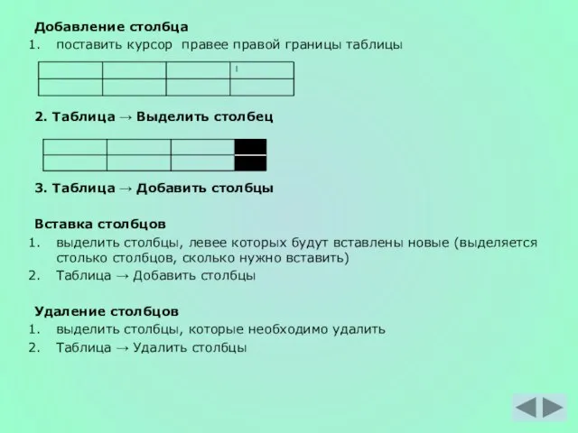 Добавление столбца поставить курсор правее правой границы таблицы 2. Таблица → Выделить