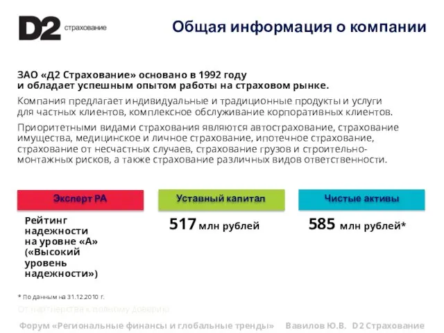 ЗАО «Д2 Страхование» основано в 1992 году и обладает успешным опытом работы