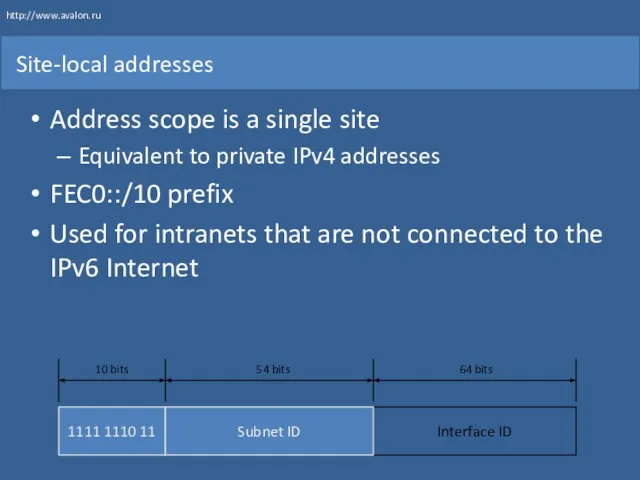 Site-local addresses Address scope is a single site Equivalent to private IPv4