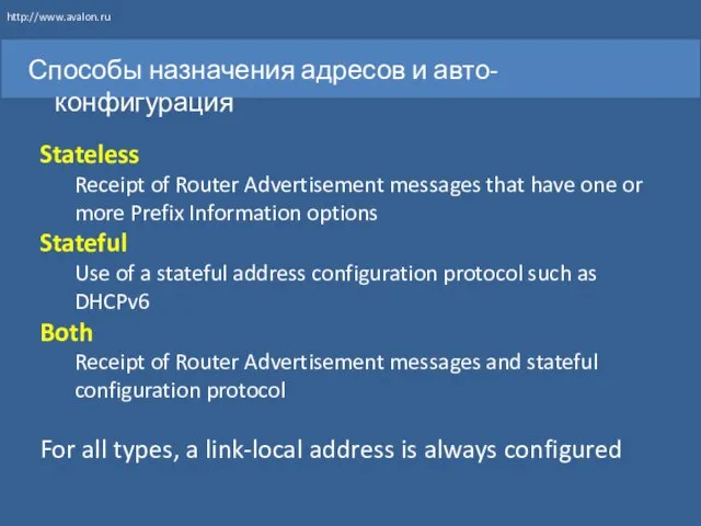 Способы назначения адресов и авто-конфигурация Stateless Receipt of Router Advertisement messages that