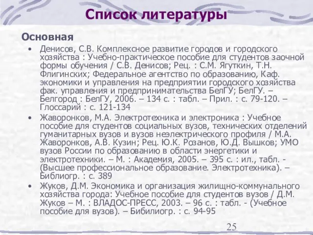 Список литературы Основная Денисов, С.В. Комплексное развитие городов и городского хозяйства :