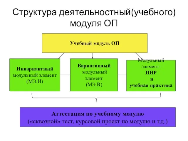 Структура деятельностный(учебного) модуля ОП Учебный модуль ОП Инвариантный модульный элемент (МЭ.И) Вариативный