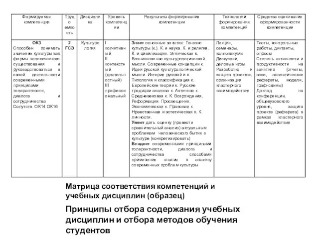 Матрица соответствия компетенций и учебных дисциплин (образец) Принципы отбора содержания учебных дисциплин