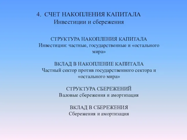 4. СЧЕТ НАКОПЛЕНИЯ КАПИТАЛА Инвестиции и сбережения СТРУКТУРА НАКОПЛЕНИЯ КАПИТАЛА Инвестиции: частные,