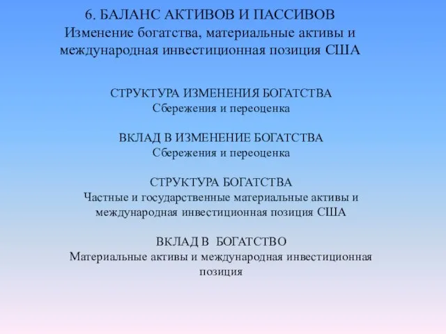 6. БАЛАНС АКТИВОВ И ПАССИВОВ Изменение богатства, материальные активы и международная инвестиционная