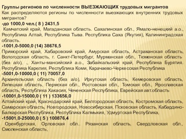 Группы регионов по численности ВЫЕЗЖАЮЩИХ трудовых мигрантов Как распределяются регионы по численности