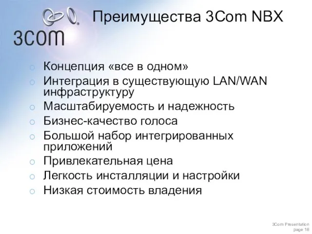 Преимущества 3Com NBX Концепция «все в одном» Интеграция в существующую LAN/WAN инфраструктуру