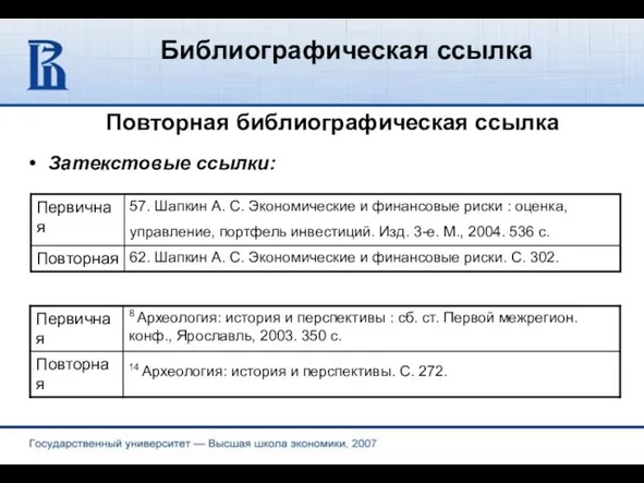 Библиографическая ссылка Повторная библиографическая ссылка Затекстовые ссылки: