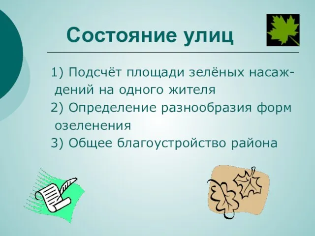 Состояние улиц 1) Подсчёт площади зелёных насаж- дений на одного жителя 2)