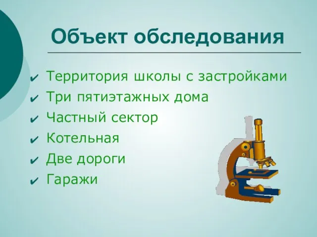 Объект обследования Территория школы с застройками Три пятиэтажных дома Частный сектор Котельная Две дороги Гаражи